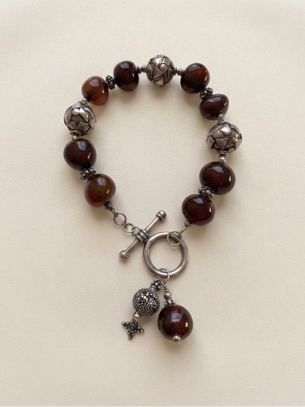 Artisan Brown Agate & Silver-Tone Toggle Statement Bracelet